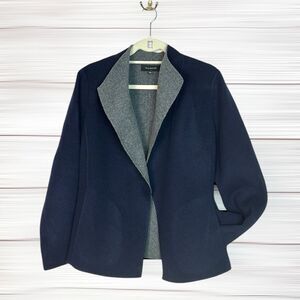 Talbots Felted Wool Navy Blue and Gray Jacket Open Front Wing Collar Pockets L